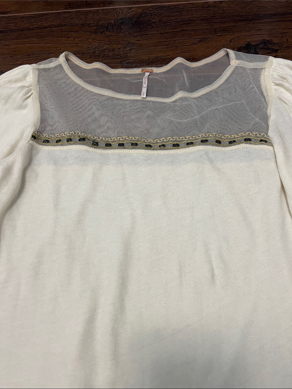 Free People Medium Ivory Boho Mesh Bell-Sleeve Top with Yellow Embroidery - Picture 5 of 9